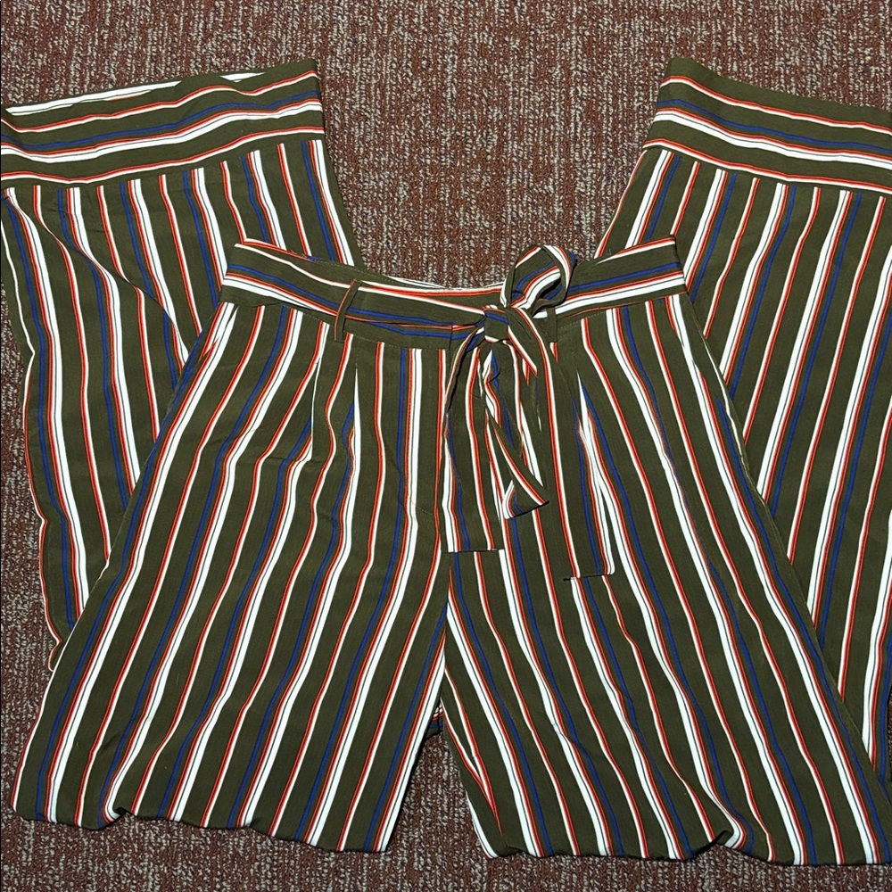 Dark green striped wide leg tie waist women’s large trousers